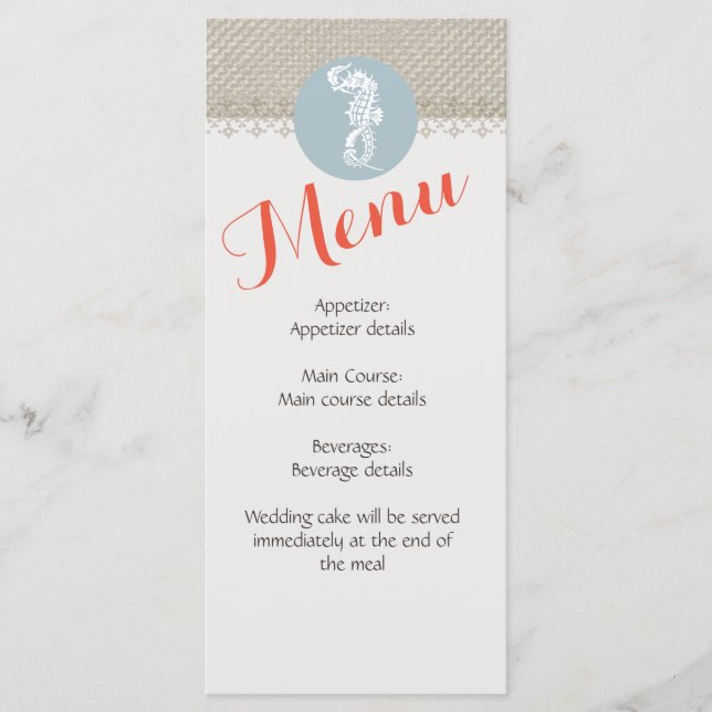 Seahorse Blue Classic Nautical Elegant Meny (Framsida)