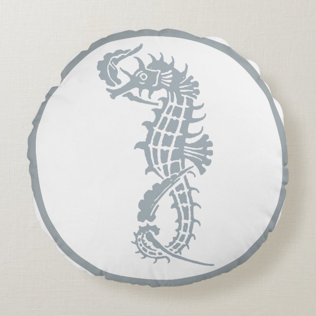 Seahorse Blue Classic Nautical Elegant Rund Kudde (Framsidan)