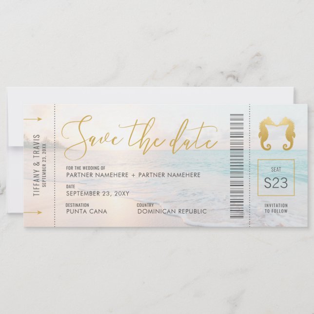Seahorse Boarding Pass Biljett Beach Wedding Spara Datumet (Framsida)