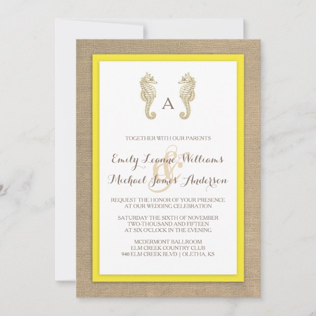 Seahorse Burlap Beach Tropical Wedding bjudande Inbjudningar (Framsida)