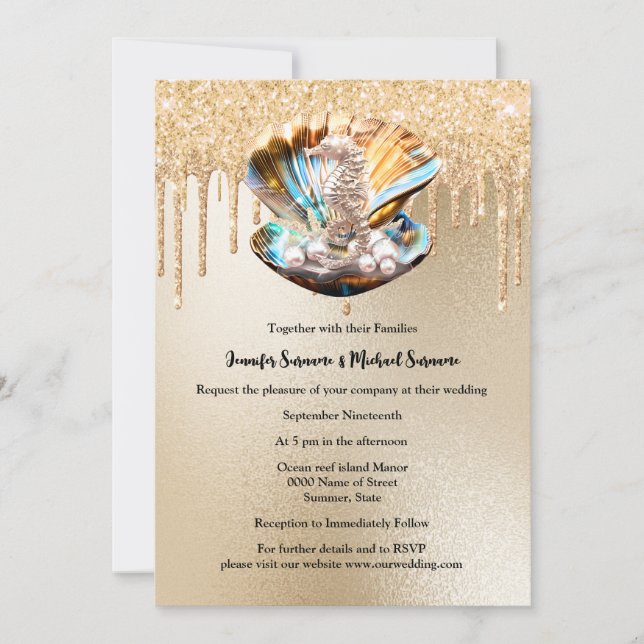 Seahorse clam snäcka pearl guld glitter mousserand inbjudningar (Framsida)