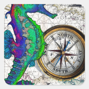 Seahorse Compass Collage Fyrkantigt Klistermärke