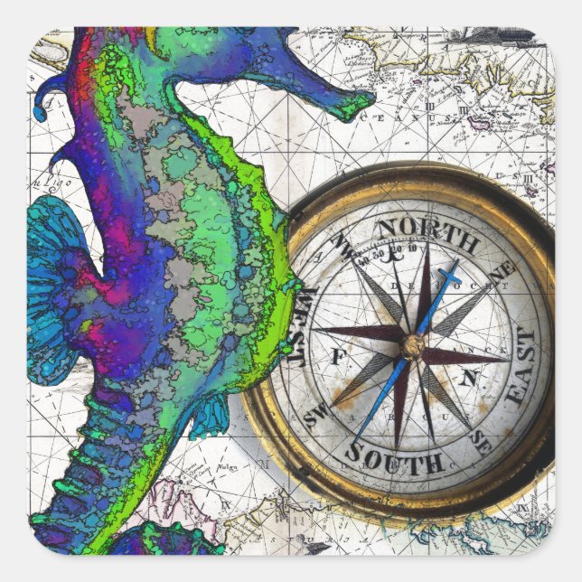 Seahorse Compass Collage Fyrkantigt Klistermärke (Framsida)