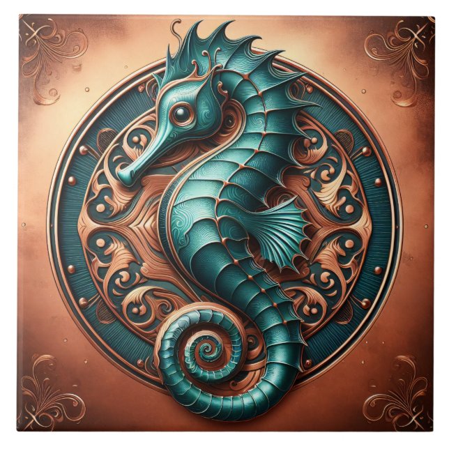 Seahorse Copper and Teal Kakelplatta (Framsidan)