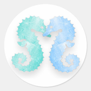 Seahorse Couple Blue Grönt Seahorse Kiss Stickers Runt Klistermärke