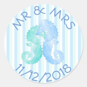 Seahorse Couple Blue Grönt Seahorse Stickers Runt Klistermärke