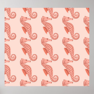 Seahorse doodle ornament: rosa bakgrund. poster