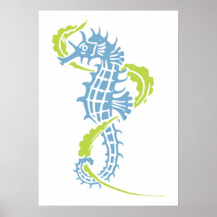 Seahorse dusk blue, lime green och sjögräs poster