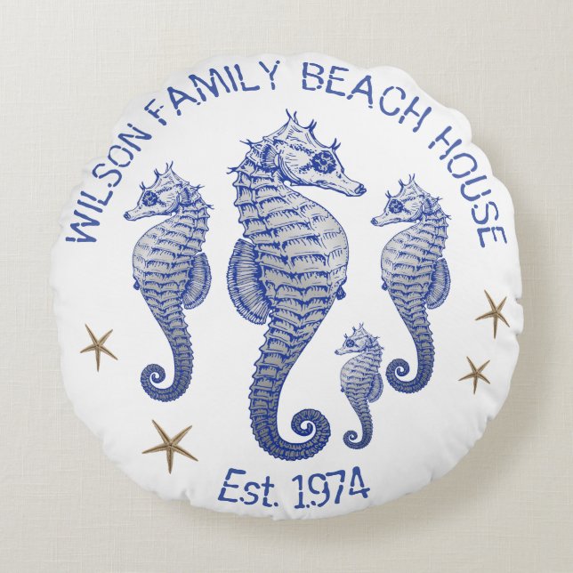 Seahorse Family Namn Beach House Pillow Rund Kudde (Framsidan)