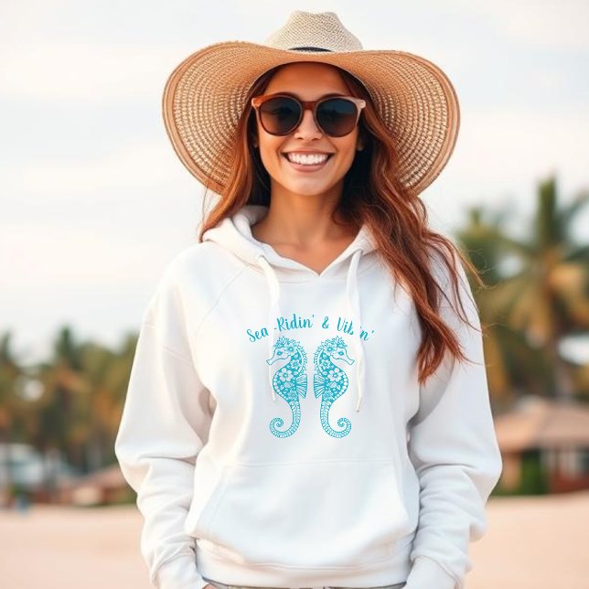 Seahorse-Fisherman Core-Hawaiian Tropical Azure T Shirt (Sea Horse-Fisherman Core-Hawaiian-Tropical-Beach Hoodie-Summer Trend-Azure )