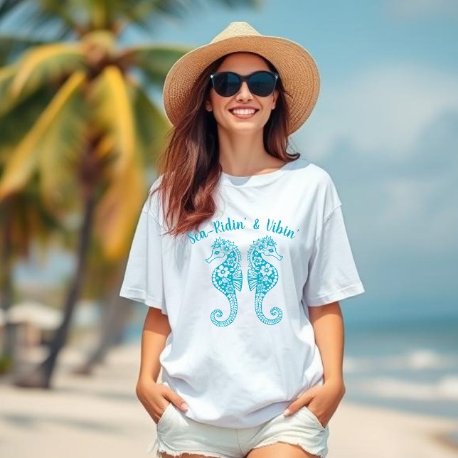 Seahorse-Fisherman Core-Hawaiian Tropical Azure T Shirt (Sea Horse-Fisherman Core-Hawaiian-Tropical-Beach T shirt-Summer Trend-Azure Light Blue)