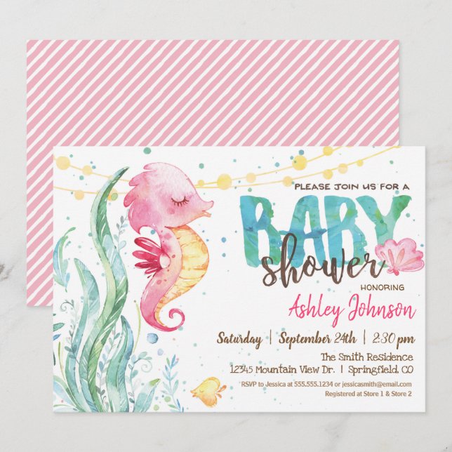 Seahorse, Girl Baby Shower-inbjudan Inbjudningar (Fram/baksida)