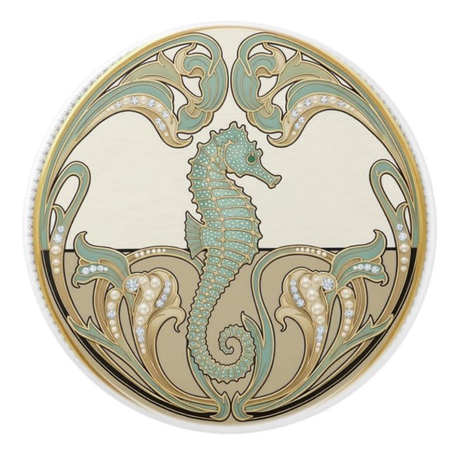 Seahorse Green Cream & Gold Art Deco Nouveau Ocean Knopp (Framsidan)