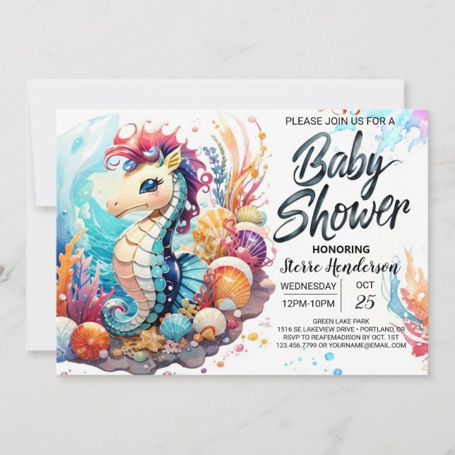 Seahorse Kisses Watercolor Baby Shower Inbjudningar (Framsida)