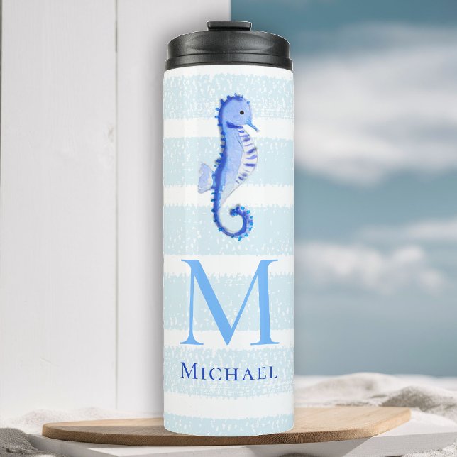 Seahorse Monogram Beach Nautical Rand Watercolor (boy tumbler personalized monogram seahorse sea blue stripes nautical ocean grandchild baby gift)