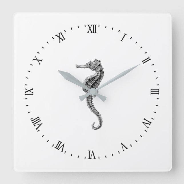"SEAHORSE" NAUTICAL ACRYLIC WALLCLOCK FYRKANTIG KLOCKA (Framsida)