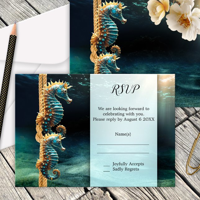 Seahorse Nautical Bröllop OSA Kort (Nautical wedding RSVP or enclosure card with two seahorses in a magical underwater world)