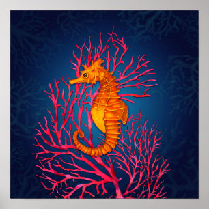 Seahorse och Red Fläkt Coral Poster