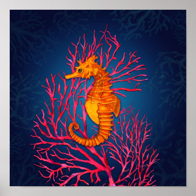 Seahorse och Red Fläkt Coral Poster (Framsidan)