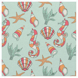 Seahorse och Seashell Mönster Teal Tyg
