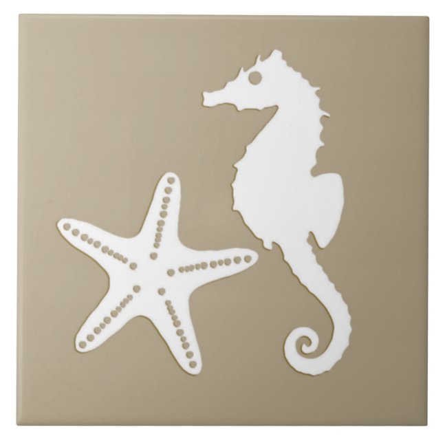 Seahorse och sjöstjärna - vit på taupetanqua kakelplatta (Framsidan)