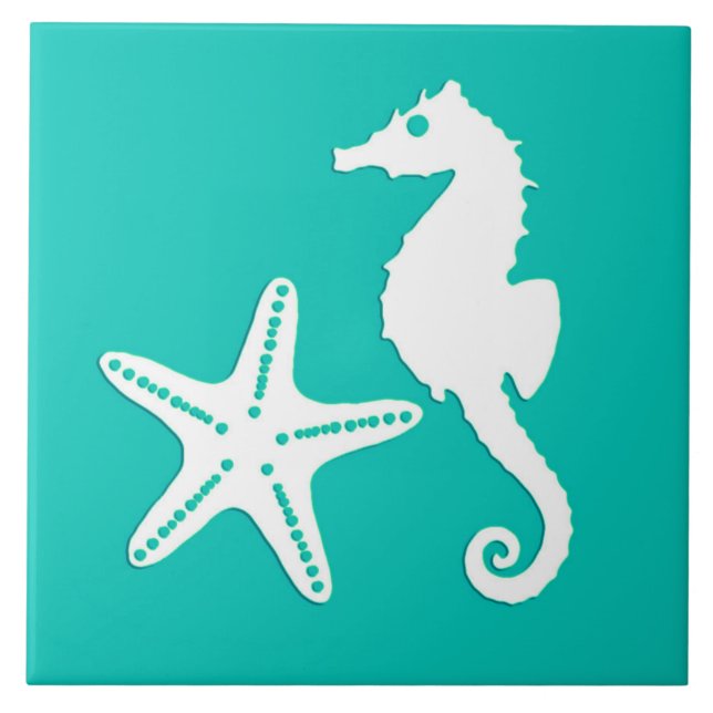 Seahorse och sjöstjärna - vit på turkos kakelplatta (Framsidan)
