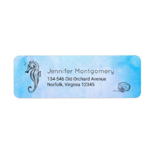 Seahorse och snäckskal på blåttvattenfärg returadress etikett