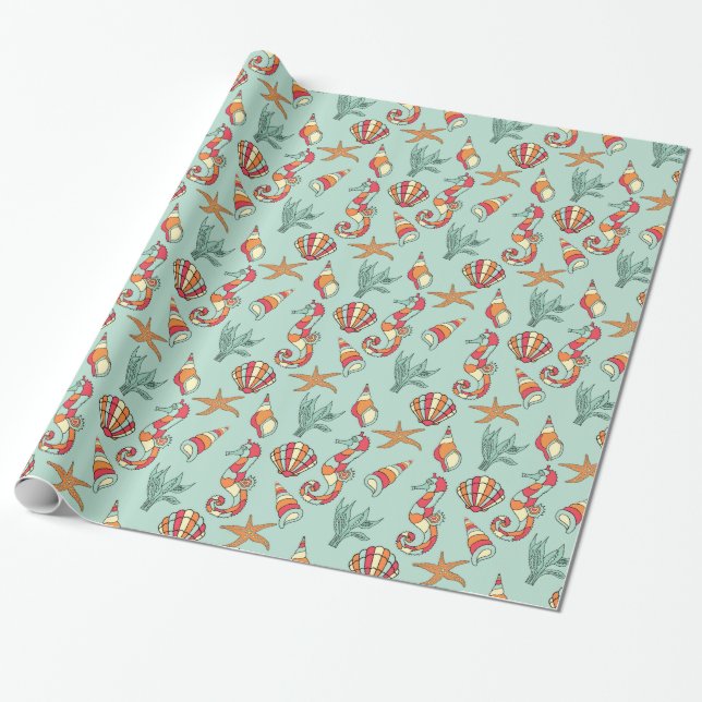 Seahorse- och snäckskalmönster presentpapper (Utrullad)