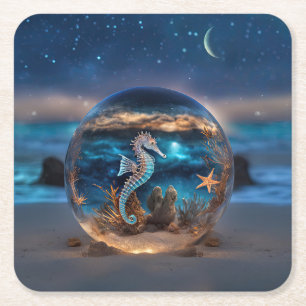 Seahorse och Starfish på Beach Fantasy Underlägg Papper Kvadrat