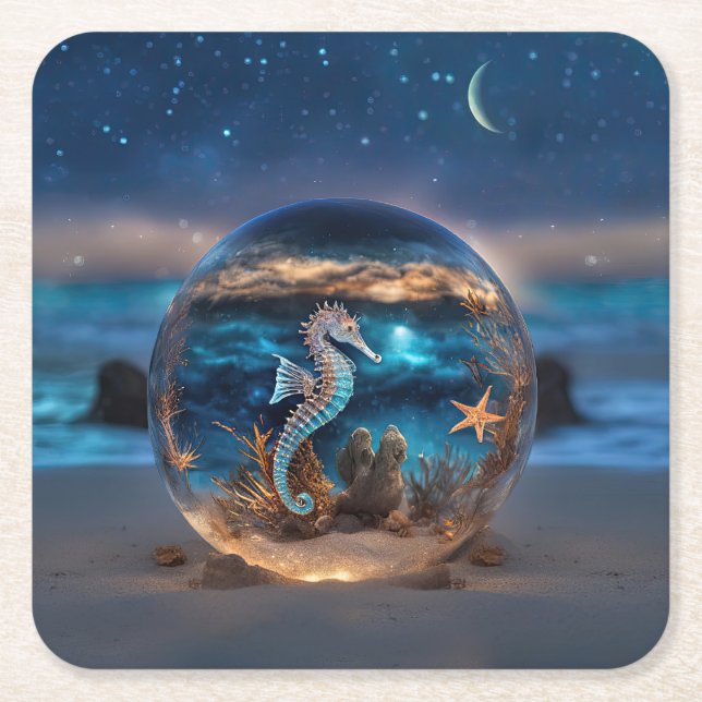 Seahorse och Starfish på Beach Fantasy Underlägg Papper Kvadrat (Framsidan)