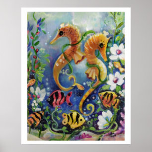 SeaHorse och tropisk fisk, färglös Poster
