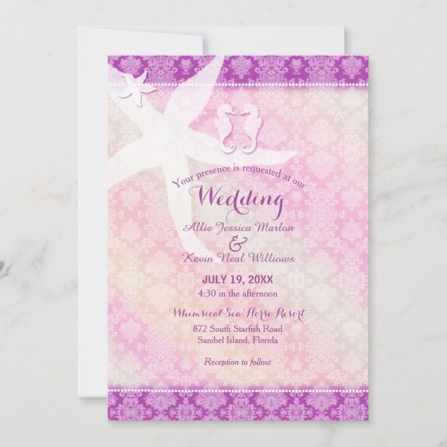 Seahorse Pair Lila Tropical Beach Wedding Inbjudningar (Framsida)