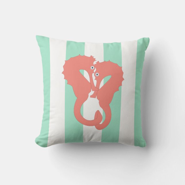 Seahorse Pair på Seafoam Grönt Rand Kudde (Framsida)