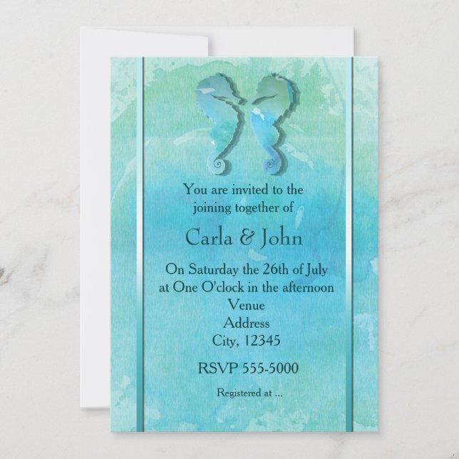 Seahorse par Watercolor Beach Wedding Inbjudan (Framsida)
