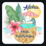 Seahorse Pineapple Mele Kalikimaka Beach jul Fyrkantigt Klistermärke<br><div class="desc">Pricklister (eller kuvertförseglingar) har en vattenfärgssjöfågel med en tropisk ananasdryck (dekorerad med handflatan löv och hibiscus) som simmande bassäng,  med sol,  havs och stjärtfisk i bakgrunden och "Aloha" och "Mele Kalikimaka" hälsning. Art av KL Lagrar</div>