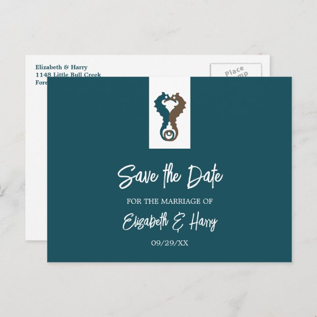 Seahorse Romantik, Beach Wedding Save Date Vykort (Fram/baksida)