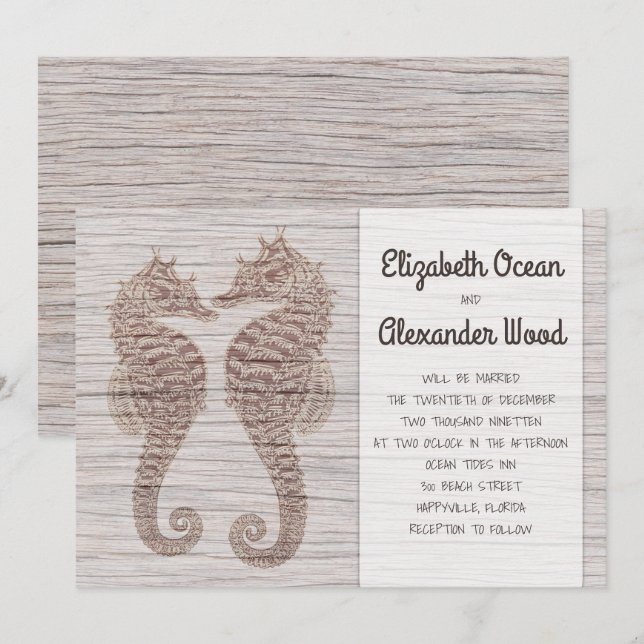 Seahorse Rustic Driftwood Wedding bjudande Inbjudningar (Fram/baksida)