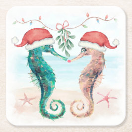 Seahorse Santa Coastal jul Kiss Beach Underlägg Papper Kvadrat