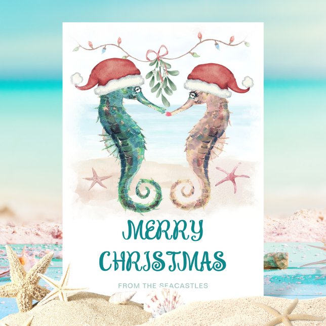 Seahorse Santa Mistletoe Kiss Coastal jul Julkort (Skapare uppladdad)