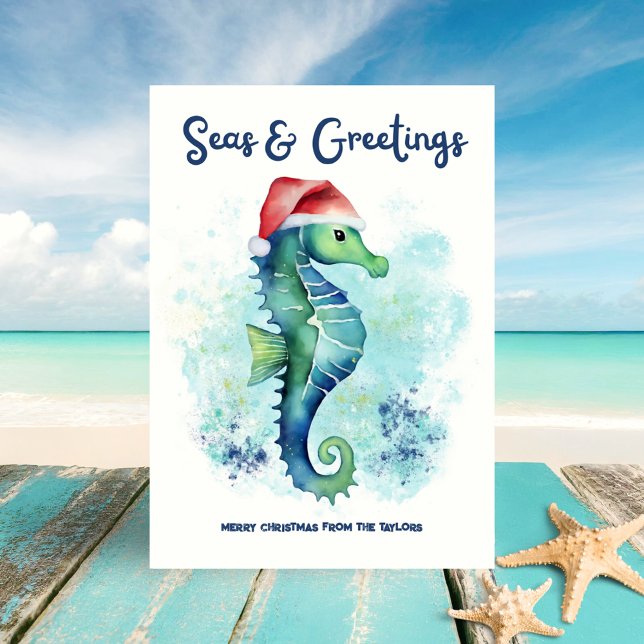 Seahorse Santa Seas & Hälsning Nautisk jul Julkort (Skapare uppladdad)