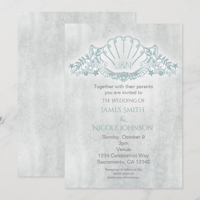 Seahorse & Seashell Beach bröllopsinbjudningar Inbjudningar (Fram/baksida)