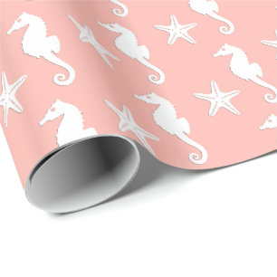 Seahorse & sjöstjärna - ljus korallrosa presentpapper
