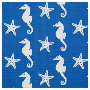 Seahorse & sjöstjärna - vit på koboltblått tyg
