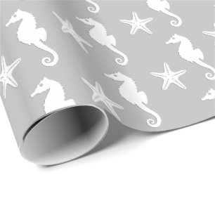 Seahorse & sjöstjärna - vit på silvergrå färg presentpapper