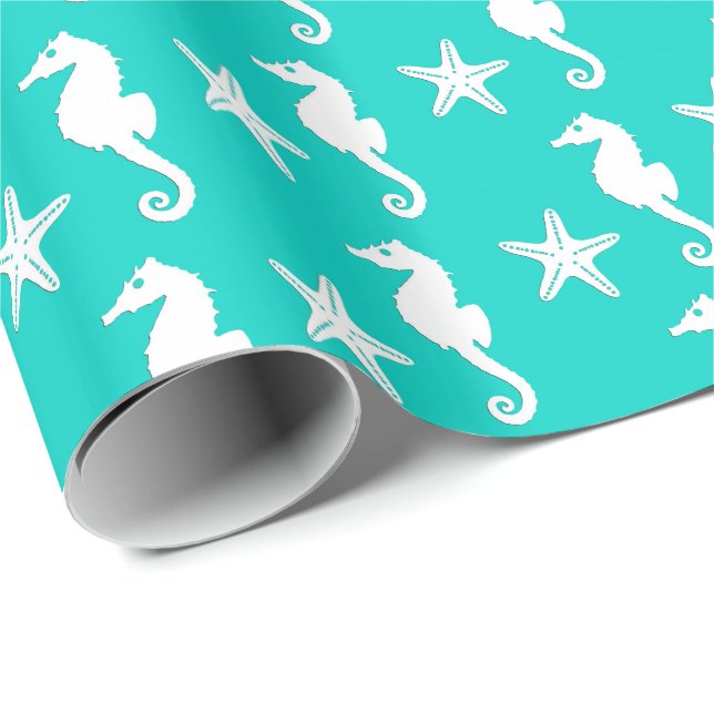 Seahorse & sjöstjärna - vit på turkos presentpapper (Rullad Hörn)