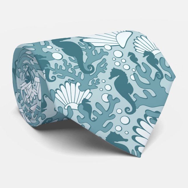 Seahorse Snäcka Coral Mönster Teal Neck Tie Slips (Rullad)