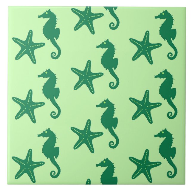 Seahorse & starfish - kalk och emerald grönt kakelplatta (Framsidan)