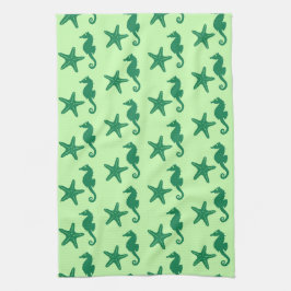 Seahorse & starfish - kalk och emerald grönt kökshandduk
