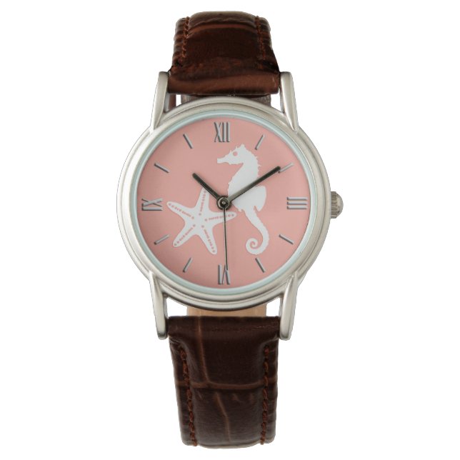 Seahorse & starfish - Light Coral Rosa Armbandsur (Framsida)