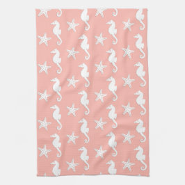 Seahorse & starfish - Light Coral Rosa Kökshandduk